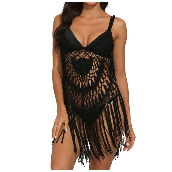 JIAYUE Womens Swimsuit Cover-Ups Deep V Neck Sleeveless Above Knee Sexy Pure Color Crochet Hollow Tassel Beach Spaghetti Strap Bathing Suit Cover Up Top