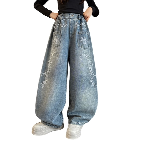 WAYUTE Jeans for Girls with Letter Embroidered Retro Wide Leg Denim Baggy Pants for Streetwear Casual School Wear