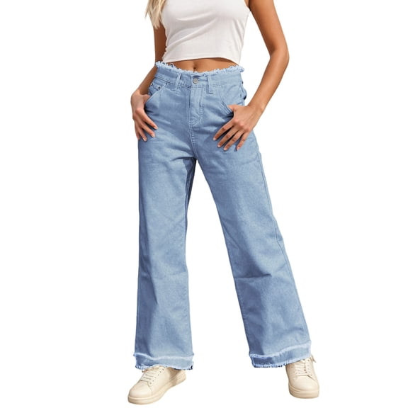 Ticikt Womens High Waisted Raw Hem Jeans Stretchy Wide Leg Frayed Straight Denim Pants,Color:Blue,Size:L