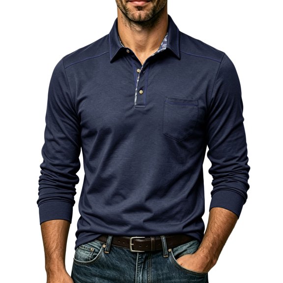 Yusimy Mens Spread Collar Long Sleeve Shirt Contrast Placket Button Pullover Classic Casual Golf Tennis Active Daily Wear