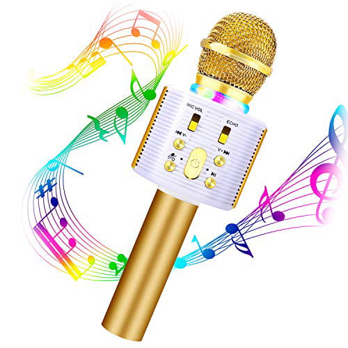 Professional Echo Vocal Cut Bluetooth Karaoke Microphone Dual Speaker Loud 12W 3in1 Wireless Singing Mic Machine Gold -Plafnio for iPhone Android Kids Adults Premium Gift Party Car Outdoor 