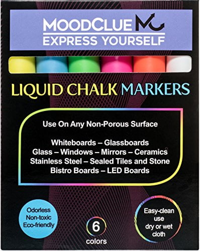 Perfect for windows, mirrors, car windshields, glass boards, whiteboards, most chalkboards. 6 neon liquid chalk markers. Washable, non-toxic, odorless. Wet or dry erase. Reversible tip. Many uses