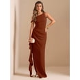 thumbnail image 7 of Rust Brown One Shoulder Ruched Wrap Maxi Dress With Asymmetrical Ruffle Hem, 7 of 7