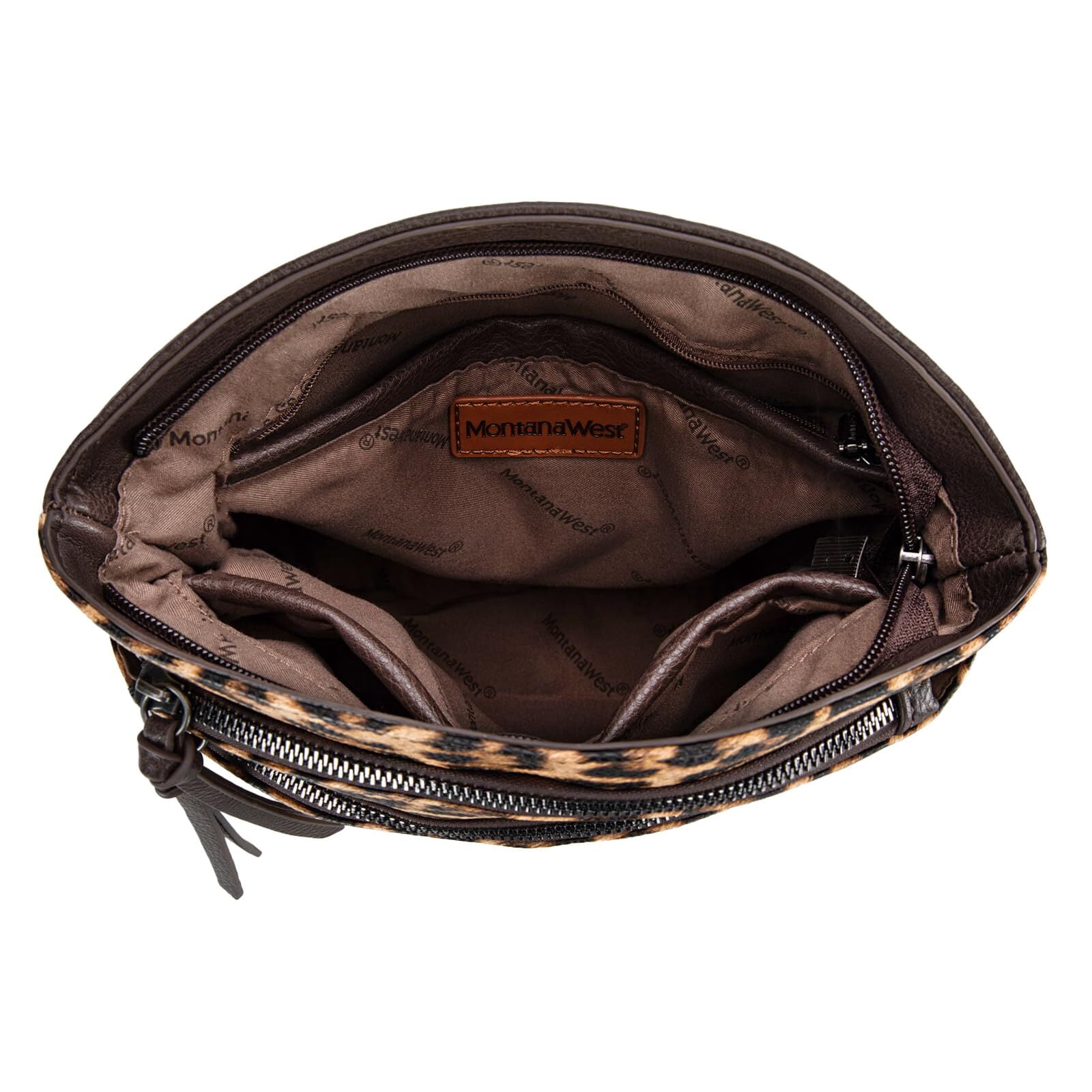 Montana West Multi Zip Pocket Large Crossbody Bag With Guitar Strap, C-Leopard