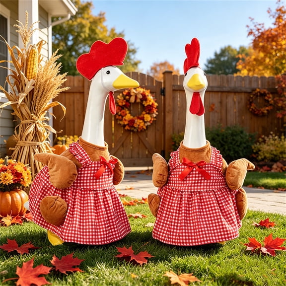 Thanksgiving Goose Outfit for 23-Inch Cement Porch Goose - Autumn Harvest Rooster Costume with Red Plaid Apron Dress, Chicken Comb Hat & Plush Wingd)