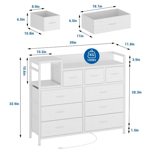 GloryStar 9-Drawer Storage Dresser TV Stand with Power Outlet – Cationic Fabric Dresser for Bedroom, Wide Organizer Chest with Wood Top Shelf, Metal Frame, USB & AC Charging Station