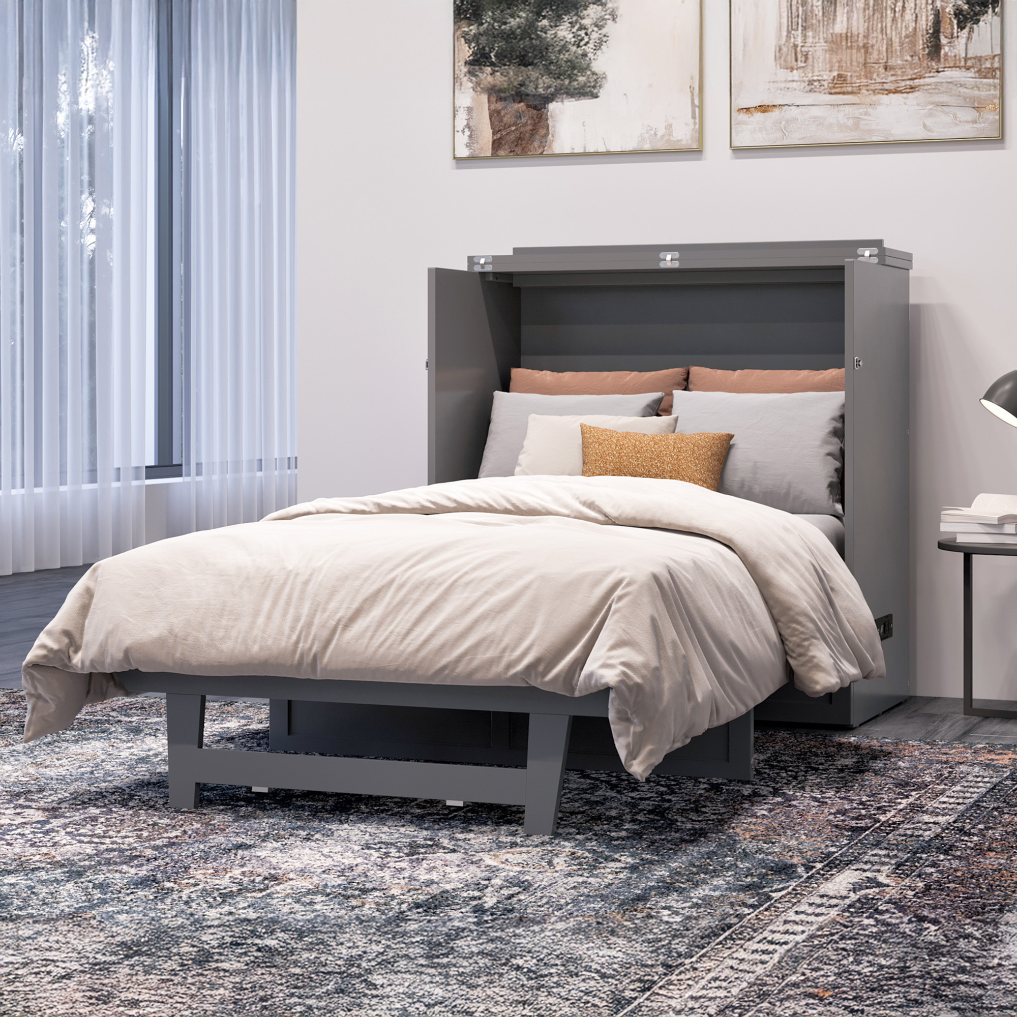 AFI Northfield Twin-XL Wood Murphy Bed Chest with 6" Mattress, Drawer & Charger, Grey