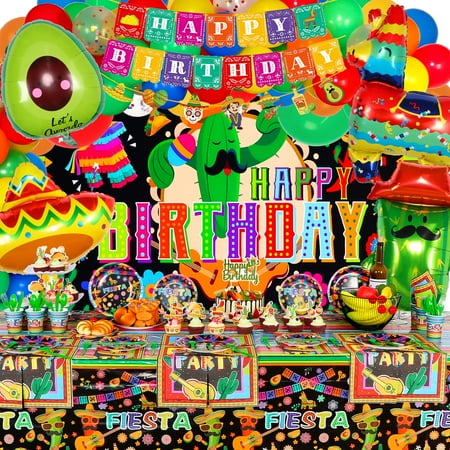 168 PCS Mexican Theme Party Decorations, Fiesta Party with Balloons, Fiesta Mexicana Decoraciones Backdrop, Mexican Theme Tablecloth, Birthday Banners, Cake Toppers, Plates and Napkins Set MS