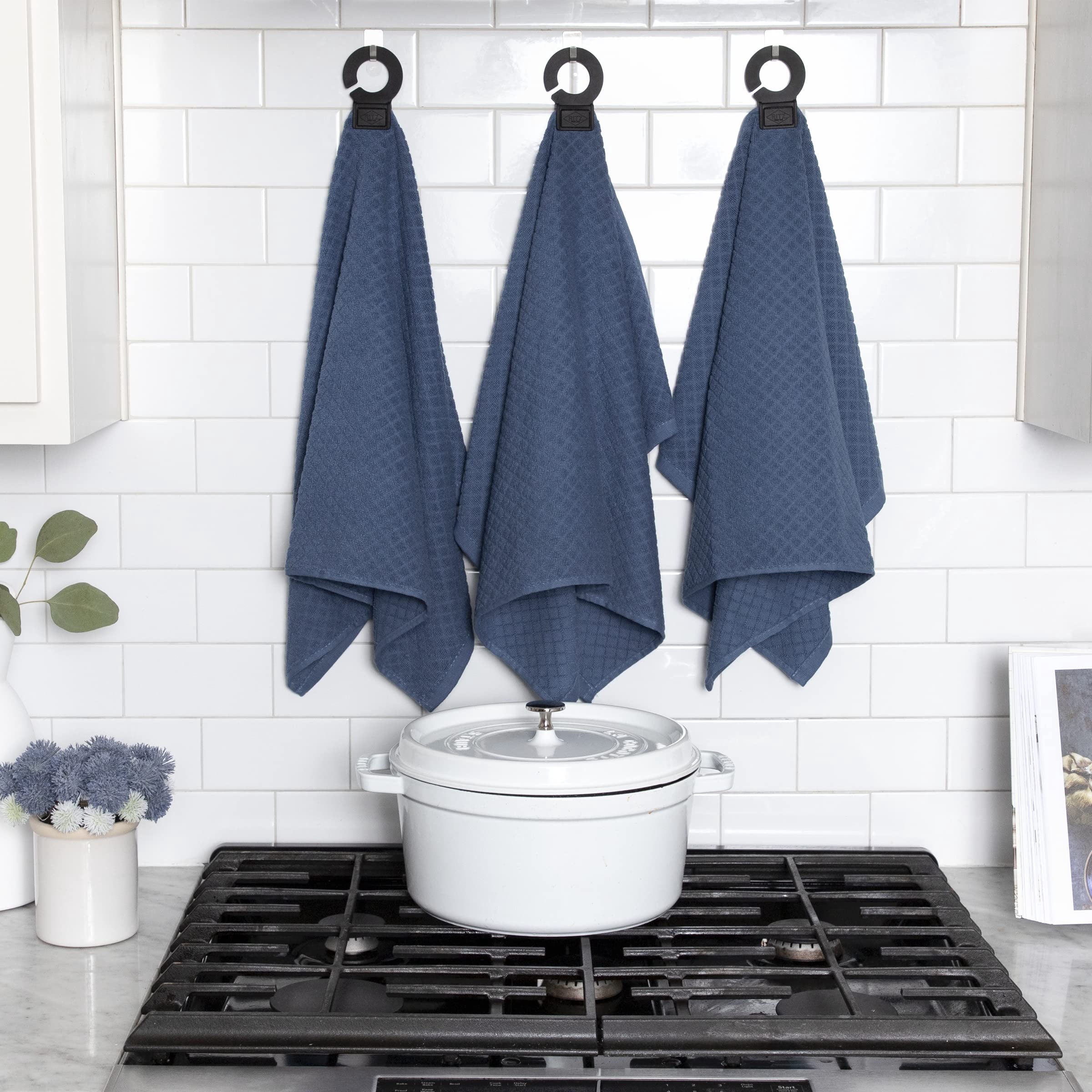 RITZ Hook and Hang Woven Kitchen Towel, Set of Two, Federal Blue