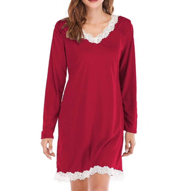 cfhntfmh Robes de Pyjama pour Femmes Manches Longues en Dentelle Col Rond Chemises de Nuit Confortables Vêtements de Maison Amples Chemise de Nuit