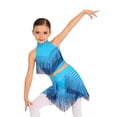 thumbnail image 2 of TiaoBug Kids Girls Latin Dance Outfits Fringe Tassels Halter Backless Crop Top with Mini Skirts Dancewear Light Blue 14, 2 of 7