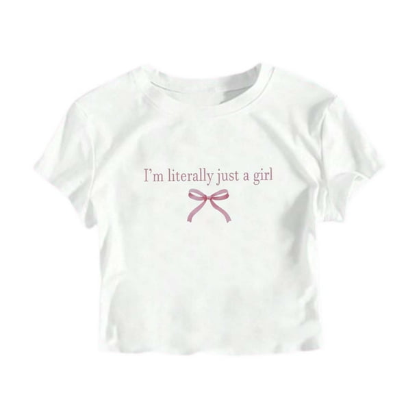 Camiseta de manga corta y cuello redondo para mujer - Estampado con lazo y eslogan, top informal de verano, disponible en tallas XS-XL