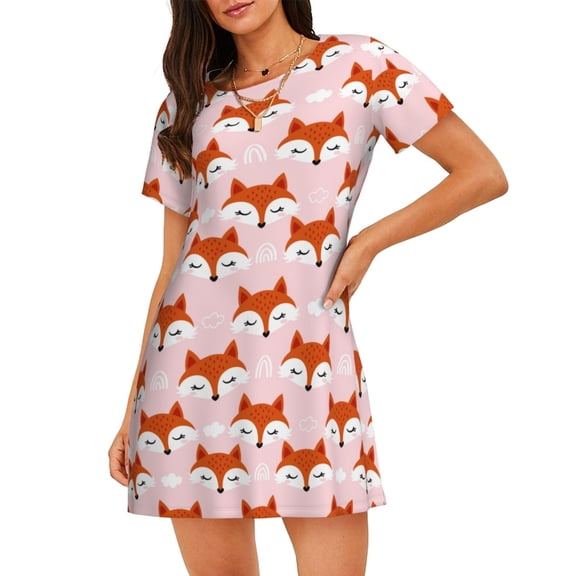 Hirioo cute fox pink for Women’s Nightdress Comfortable Short Sleeve Nightwear Casual Sleep Dress