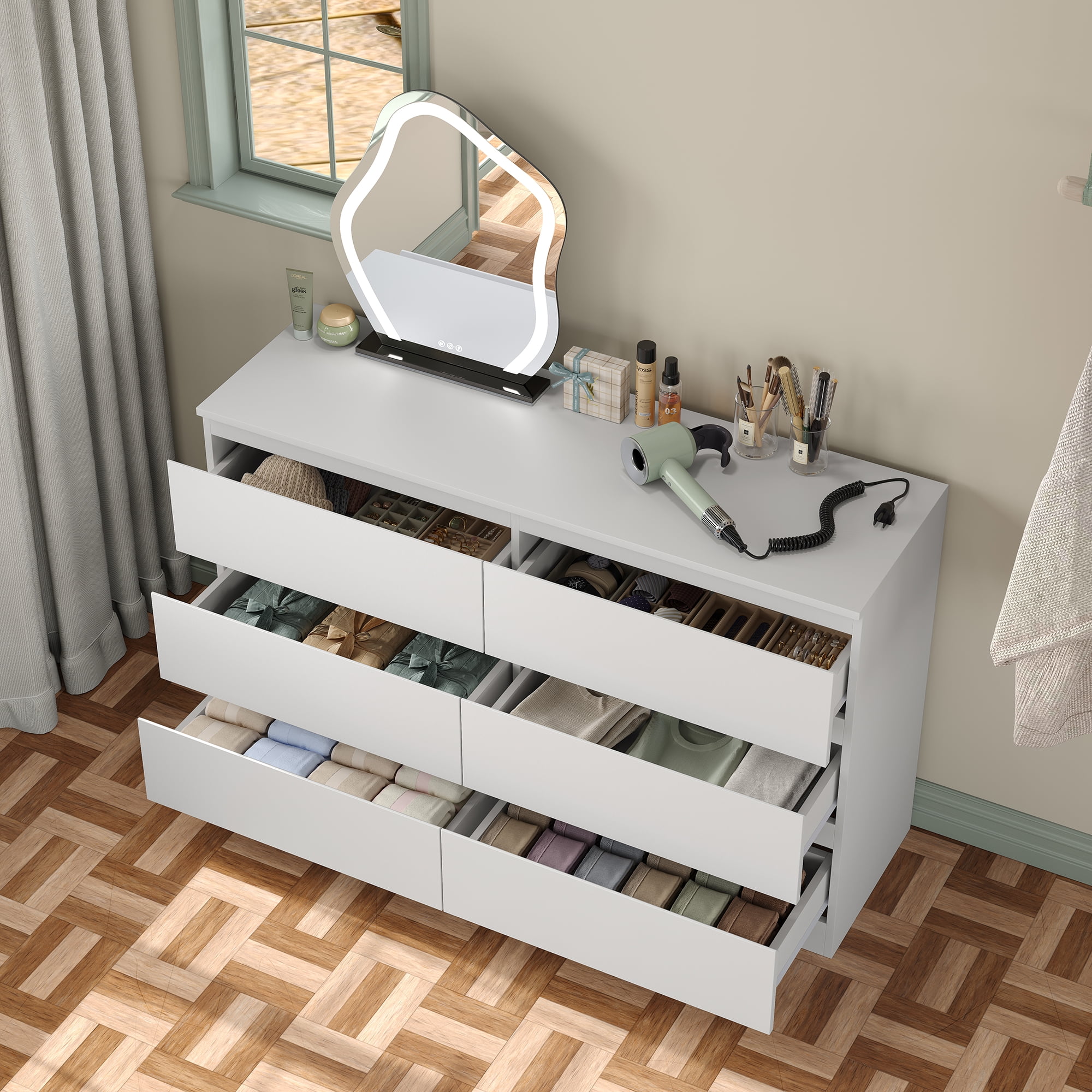 Furnihold 6-Drawer Dresser, 47.3"W Modern Bedroom Dresser, Wood Dresser For Living Room, Bedroom, White
