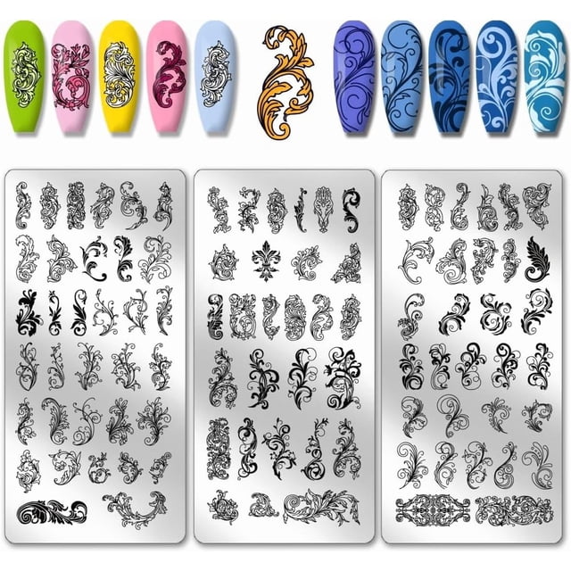 3 placas de estampado de uñas con diseño de remolinos de plantas, plantillas para arte de uñas francesas, placas con imágenes para uñas