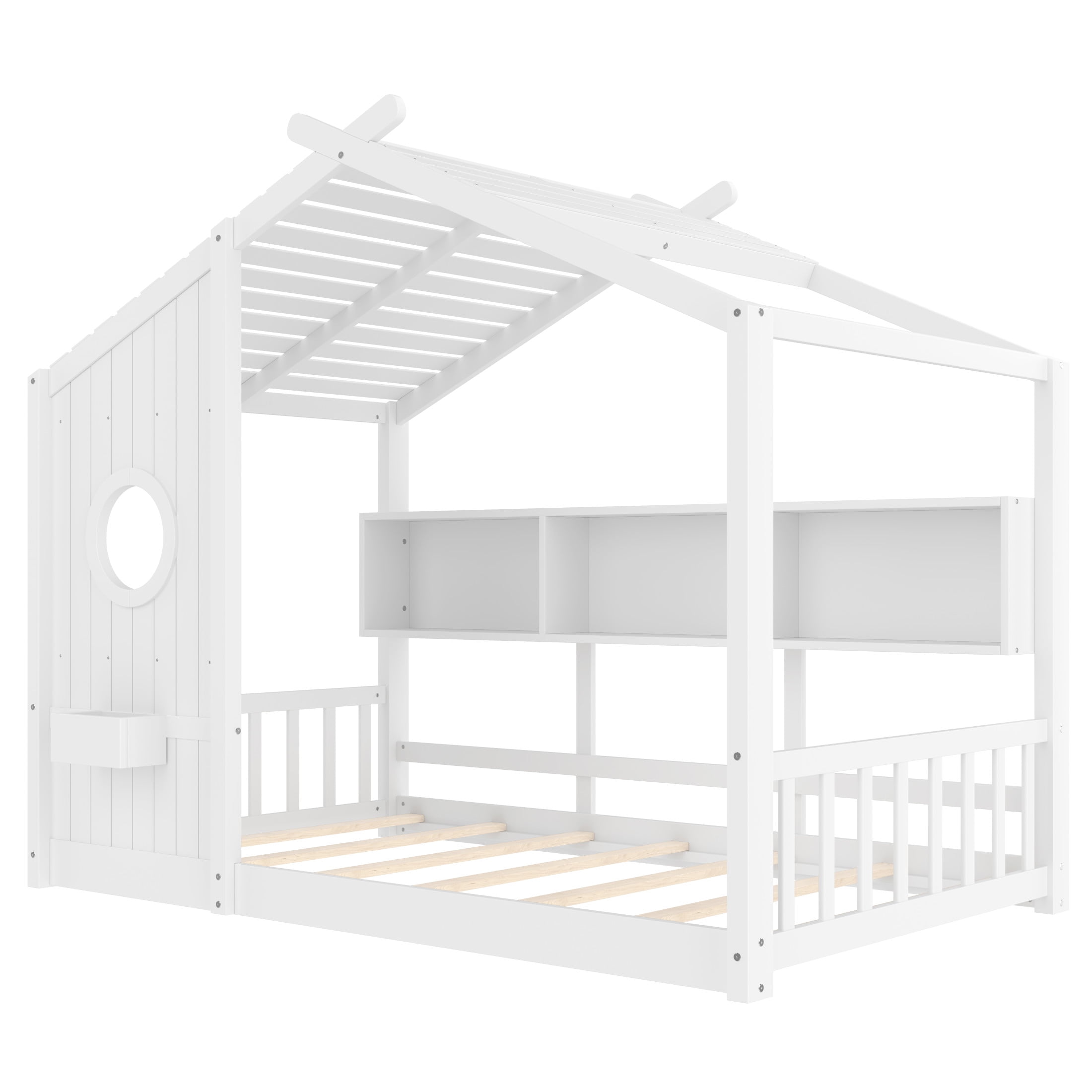 Noble House Twin Size Floor House Bed for Toddlers,Playhouse Bed with Built-in Storage Shelf and Roof Design,White