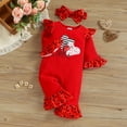 thumbnail image 3 of KOMOO Baby Heart Print Romper Bodysuit Bow-knot Headband Long Sleeve Ruffle Bell-Bottom Jumpsuit Outfits, 3 of 9