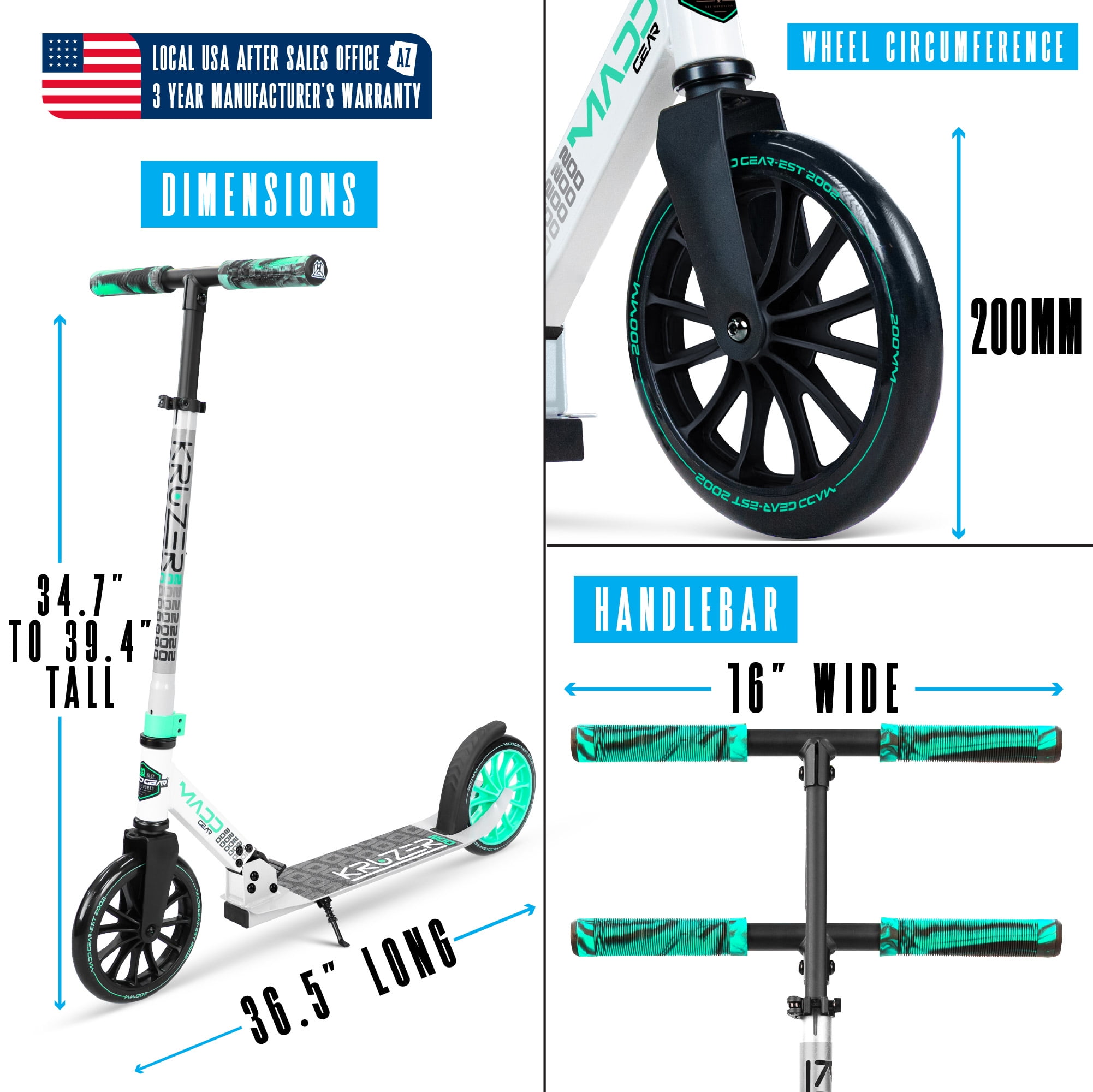 Large Folding Kick Scooter for Adults and Teens – Adjustable Handlebar – Big 200mm Wheels – Lightweight Durable Frame – Madd Gear Kruzer 200