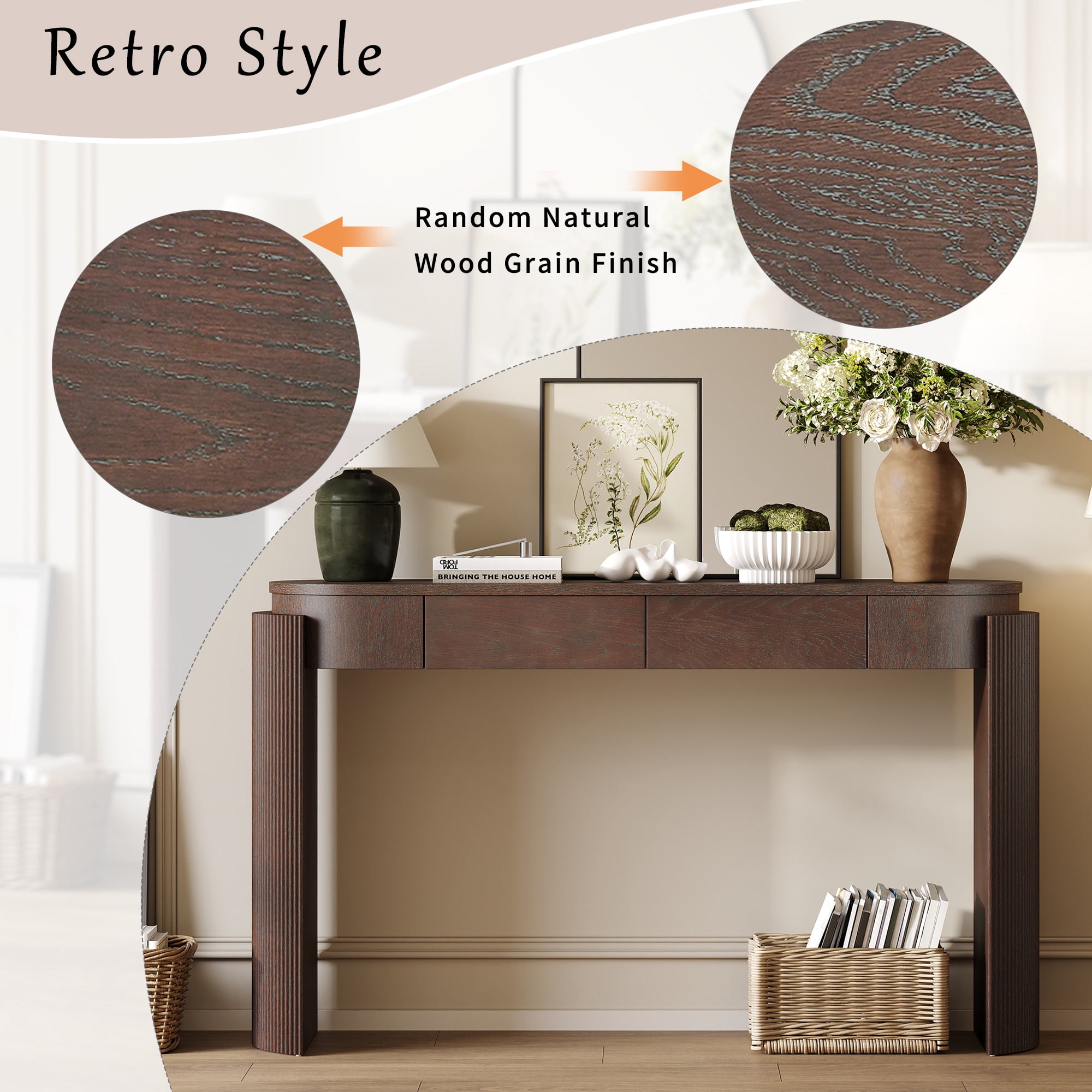 Harper & Bright Designs Fluted Console Table with Storage, Wood Entryway Table with Drawers and Oval Top Shelf, Espresso