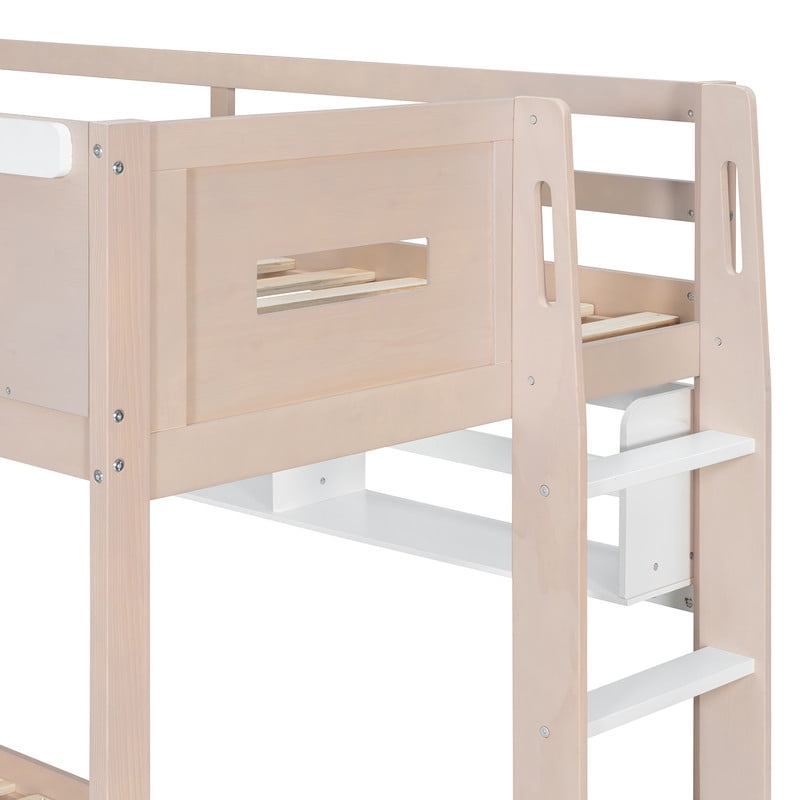 Twin Size Castle-Designed Kids's Bunk Bed with Built-in Ladder & LED Strip, Storage Wooden Bed Frame with 2 Drawers & Shelves