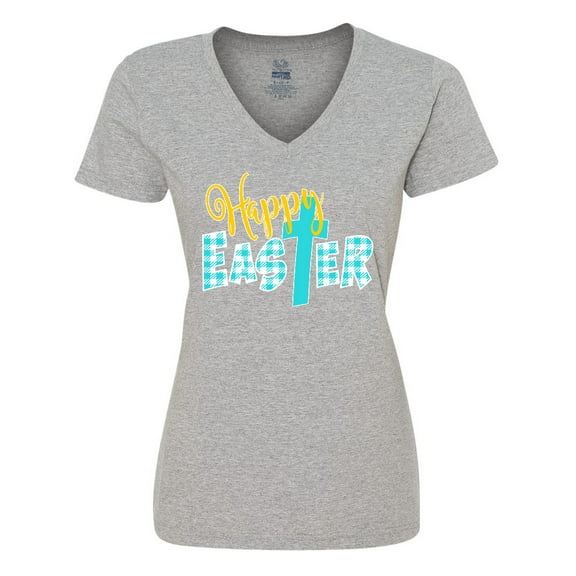 Inktastic Happy Easter with Cross in Teal Plaid Women's V-Neck T-Shirt