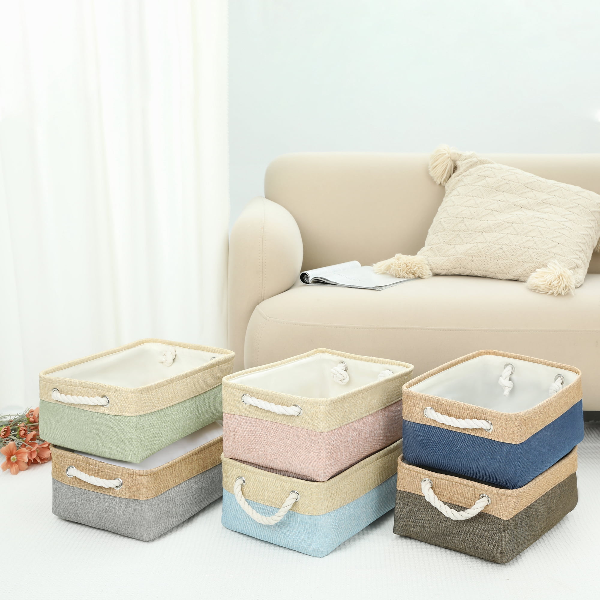 Unique Bargains Storage Bin with Handle Fabric Cube Light Blue/Brown 14*10*6.5in