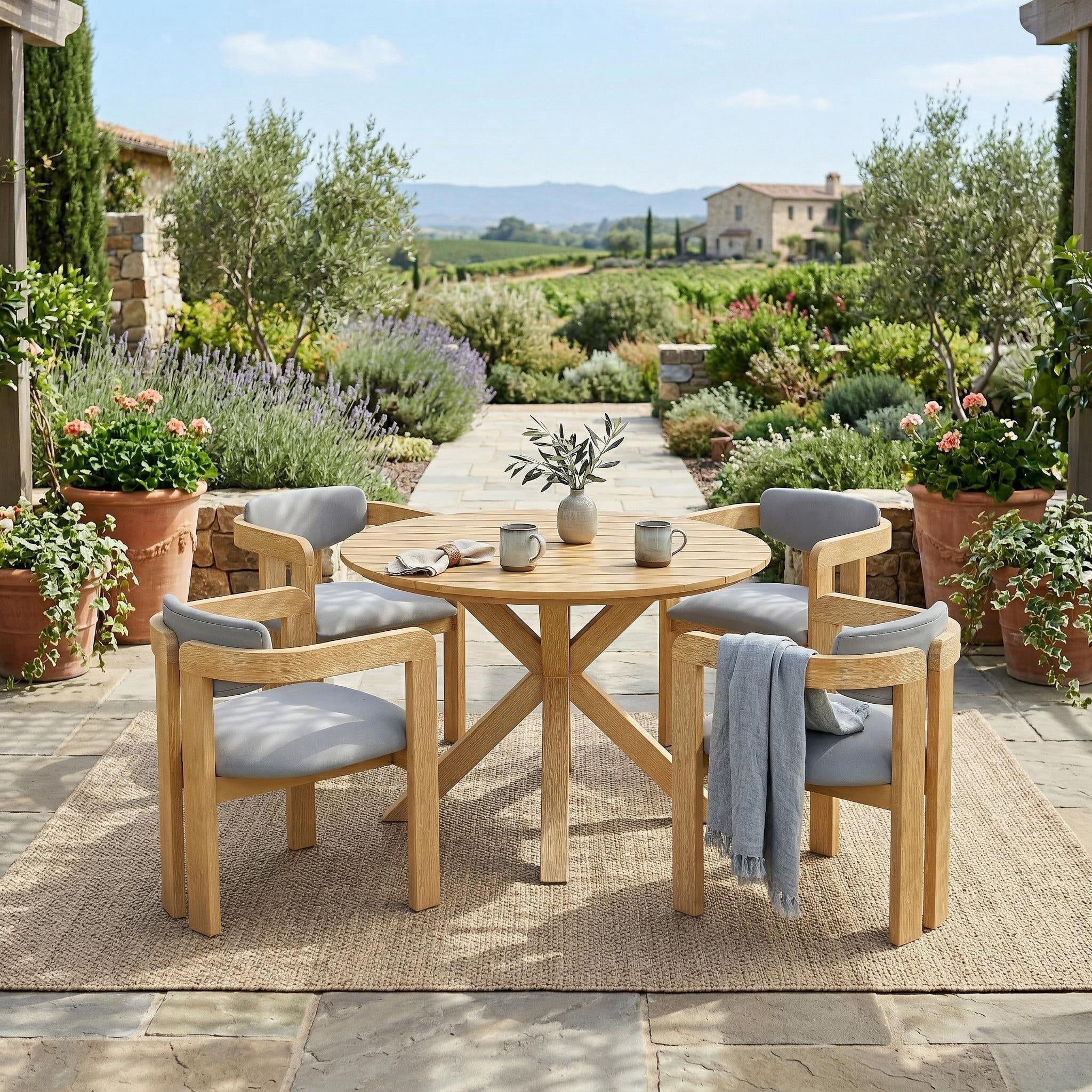 Mintazer 5 Piece Outdoor Dining Set, Patio Dining Set with Round Table & 4 Barrel Chairs, Modern Garden Conversation Set with Cushions for Patio Garden Balcony Backyard, Natural & Gray