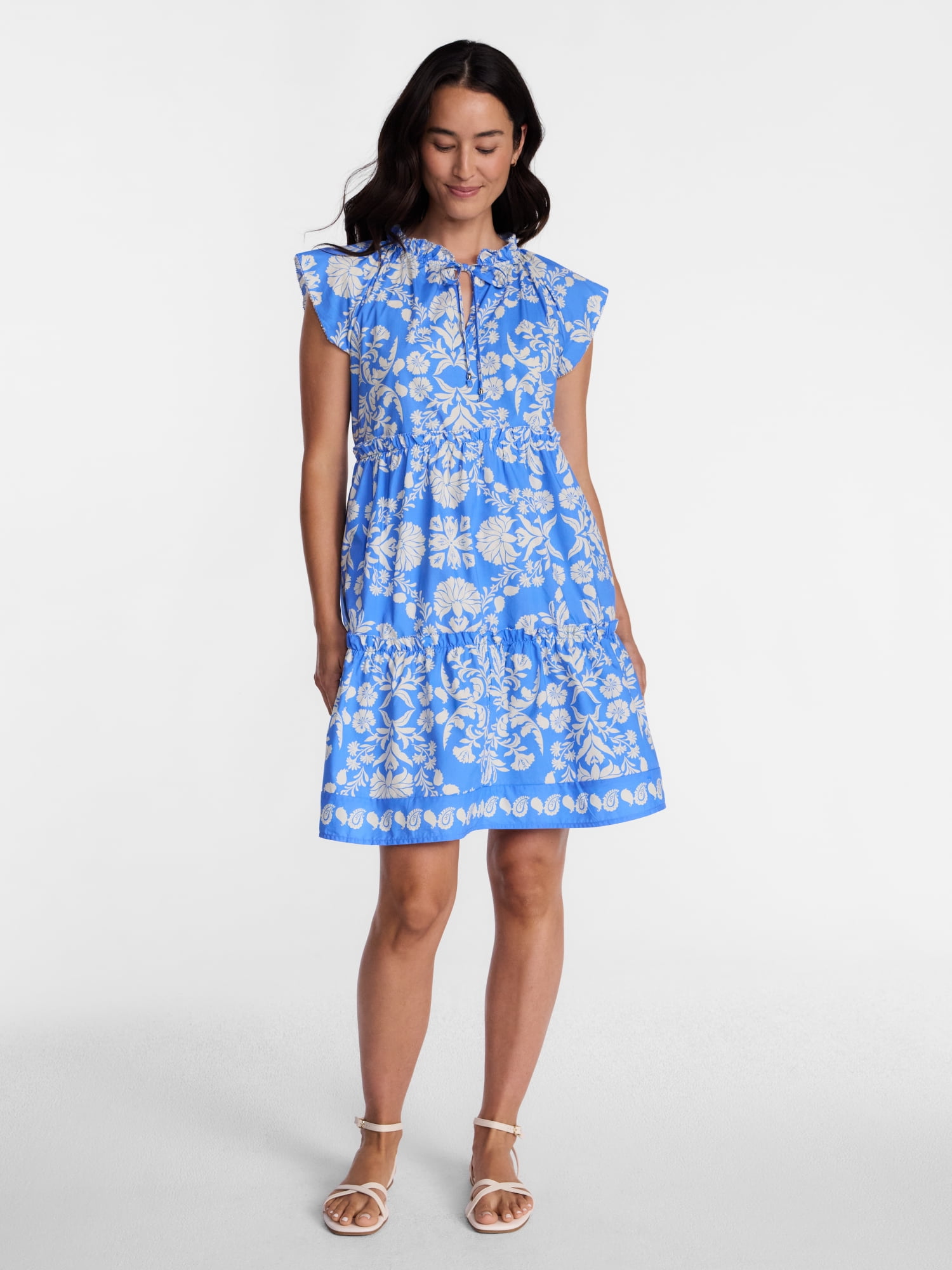 Time and Tru Women's and Women's Plus Tiered Cotton Mini Dress with Flutter Sleeves, Sizes XS-4X