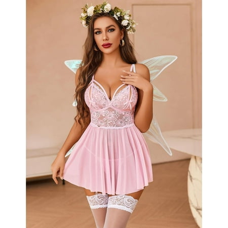 TMOYZQ Nightgown for Women Lace Hollow Out Babydoll Sheer Mesh Chemise Nighty Strappy Mini Dress with Garter 2 Piece Sleepwear on Clearance