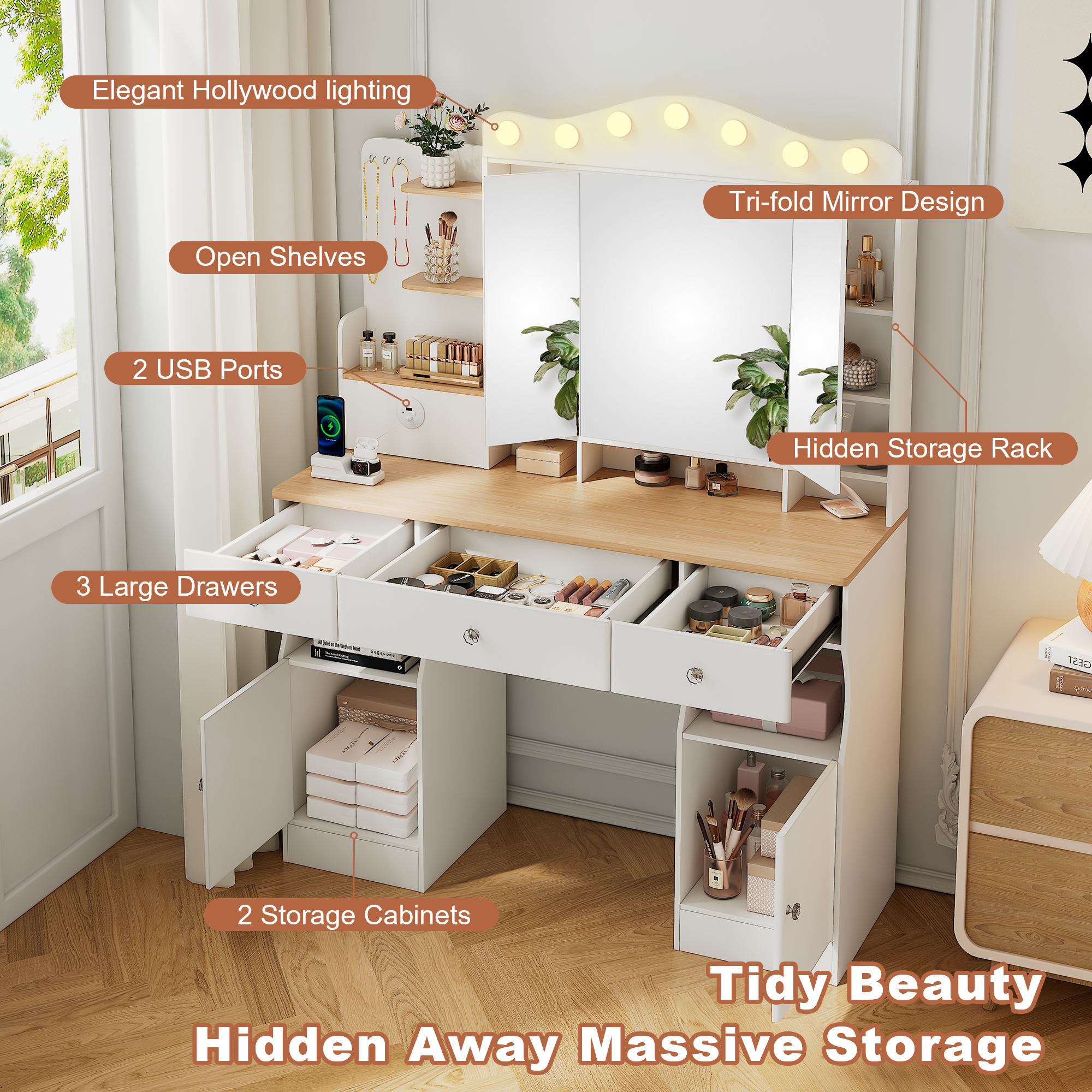 Alvantor Vanity Desk with Tri-Fold Mirror and LED Lights, Makeup Table for Adults with USB Ports and Drawers, White