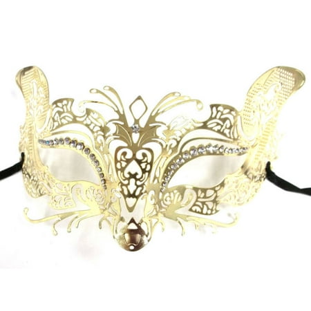 Gold Fox Cat Laser Cut Venetian Mask Masquerade Metal Filigree Crystal Golden