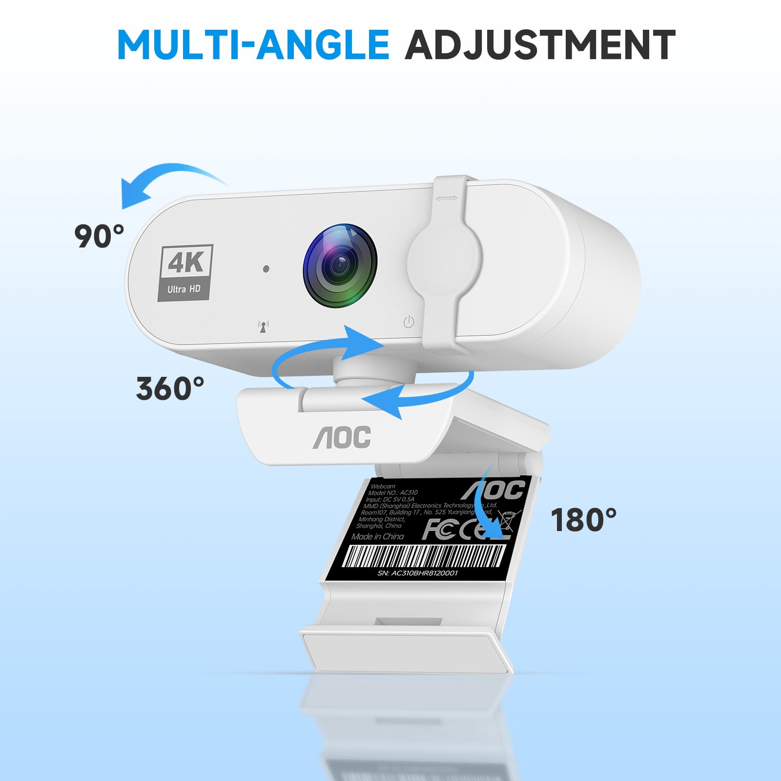 AOC 4K Webcam for PC with Noise Canceling Mic, Privacy Cover, 99° FOV, USB Plug and Play Computer Camera for Laptop Streaming Office, White