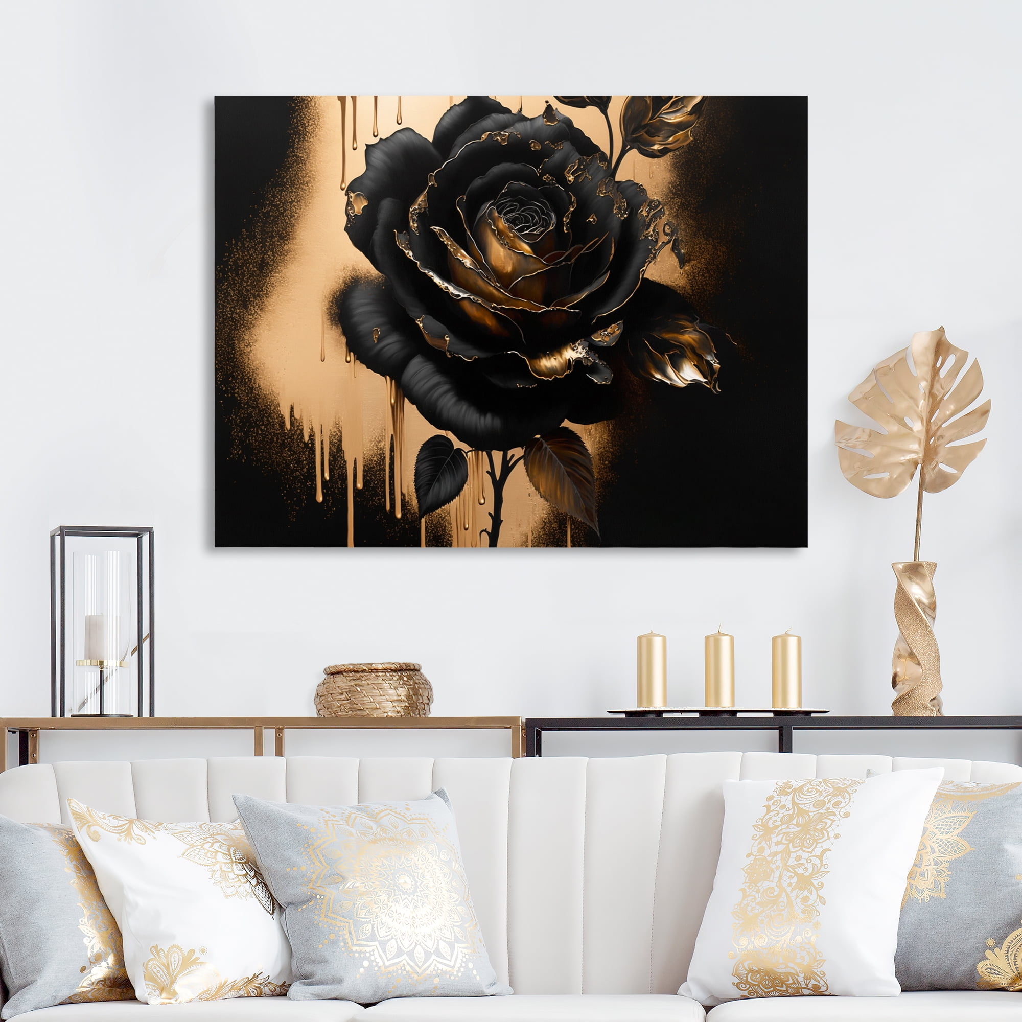 Designart Black And Gold Rose IV Canvas Wall Art