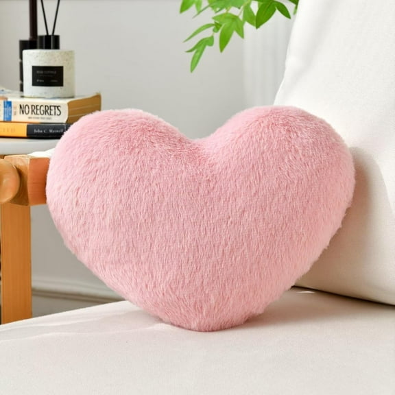 Pink Heart Pillow Valentine's Day Throw Pillows Cute Heart Decorative Pillow Faux Rabbit Fur Plush Hoom Decor Pillow Cushion for Girlfriend Valentine Anniversary (12.9" x 9.8")