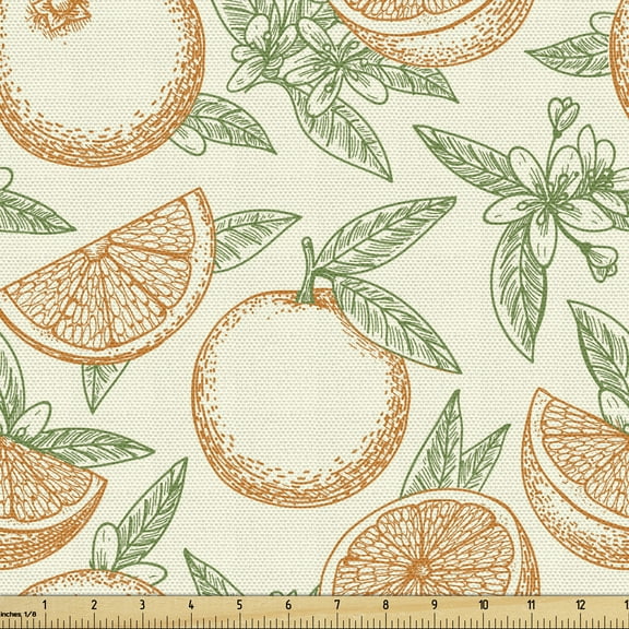 Orange Fabric by the Yard, Fruits of the Winter Season with Hand Drawn Leaves and Blooms Pattern, Decorative Upholstery Fabric for Chairs & Home Accents, 2 Yards, Eggshell Orange by Ambesonne