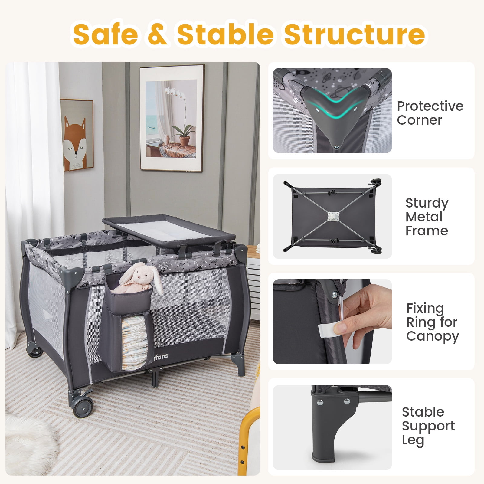 INFANS 4 in 1 Pack and Play, Portable Travel Baby Playard with Bassinet, Changing Table, Canopy, Mosquito Net, Hanging Toys, Music Box, Storage Bag, Large Playpen from Newborn to Toddlers