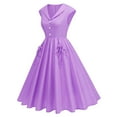 thumbnail image 3 of Women's 1950s Vintage Dress Cap Sleeve Button Collared Midi Dress with Pockets Flowy Casual Cocktail Dresses Purple L, 3 of 9