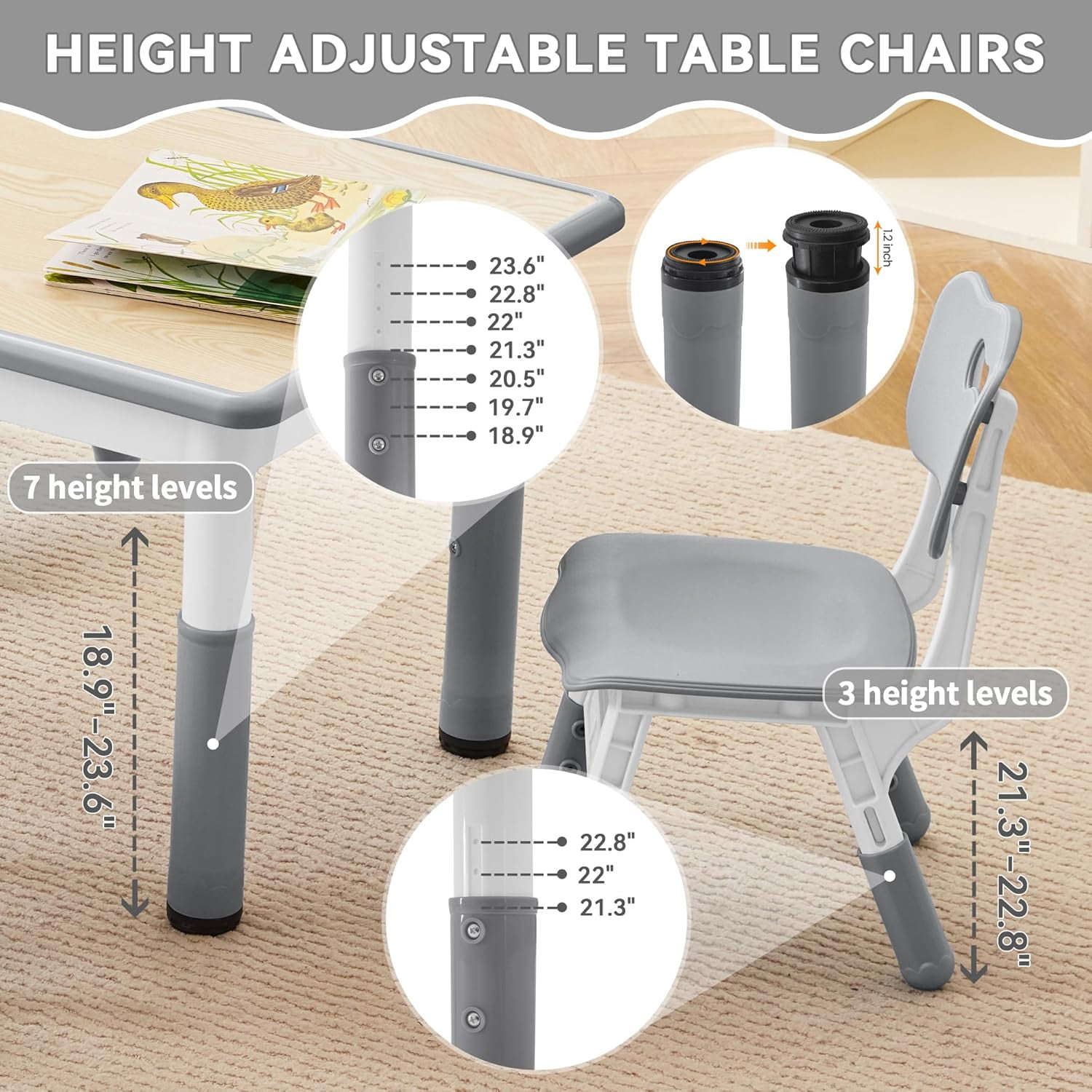Kids Study Table and Chairs Set, Height Adjustable Toddler Table and Chair Set for Kids Ages 3-8, 31.5" L x 23.6" W Graffiti Desktop Plastic Children Art Table with 4 Seats, Grey