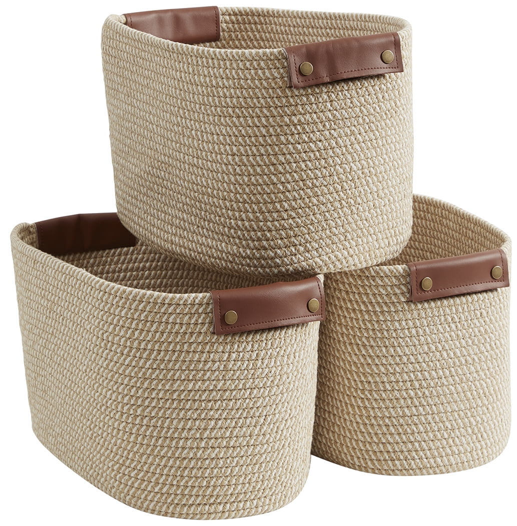 3 Pack Woven Cotton Rope Shelf Storage Basket with Leather Handles, Baby Nursery Storage Bin Organizers, Closet Shelf Storage - 15 x 10 x 9