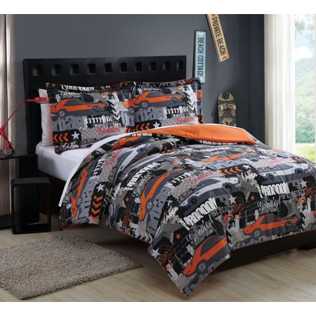 Microfiber Kids Urban Cars Orange Reversible Comforter Set