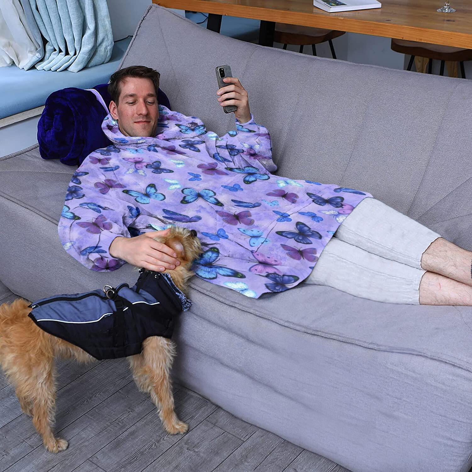 Purple Butterfly Pattern Wearable Oversized Blanket,Wearable Blanket Hoodie for Adults,Cozy Hooded Blankets with Super Pockets,Super Warm Fuzzy Pullover for Women & Men