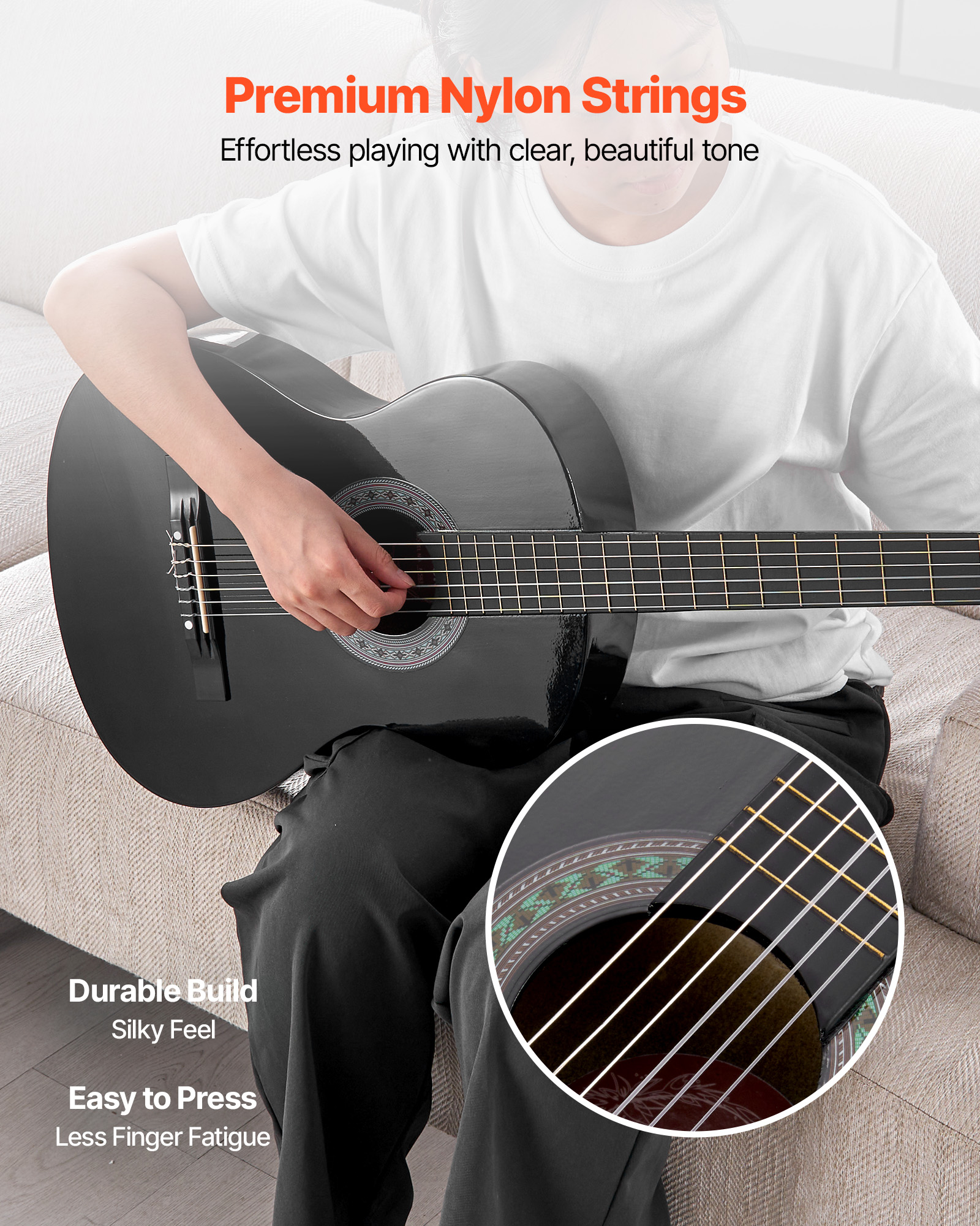 VEVOR 30in Classical Guitar, Wood Guitar Starter Kit for Beginners, with Nylon Strings, Gig Bag, Strap, Tuner, Extra Strings, Picks, Capo, Basswood, for Kids Girls Boys Students, Black