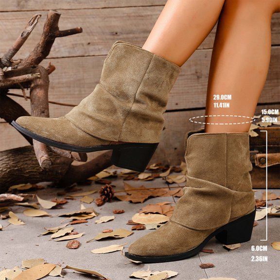 Willtoo Women Faux Suede Slouch Ankle Boots Pointed Toe Block Heel Short Booties Fall Winter Versatile Ruched Calf Fashion Walking Shoes for Date Street Office Outfits