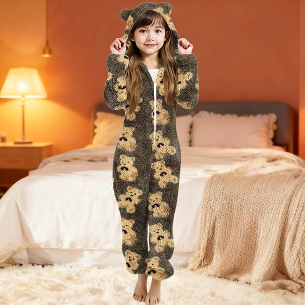 Pantalones largos para niña, mono con capucha y estampado de manga larga, pijama informal de invierno cálido, ropa de dormir para niña, mono de poliéster