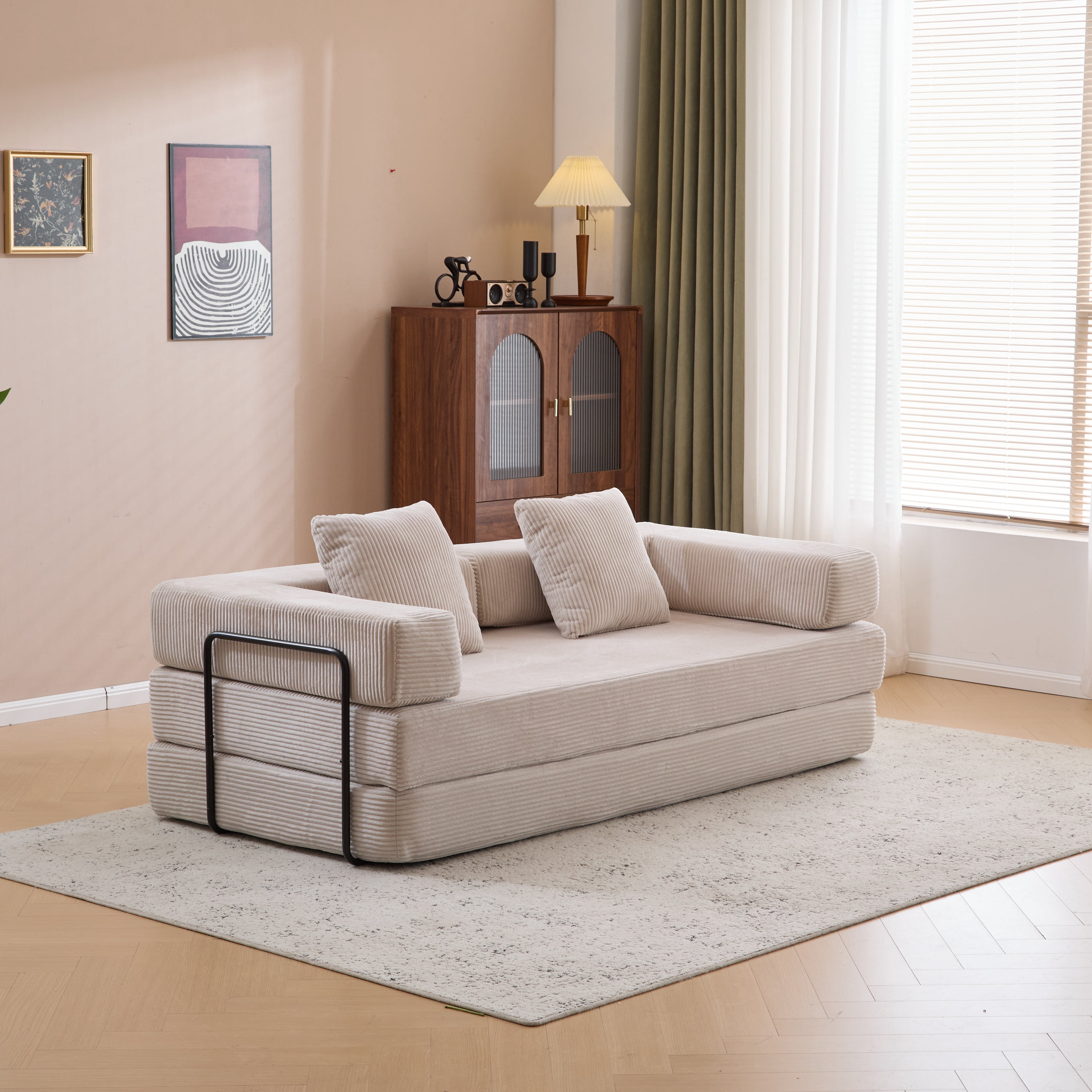 BSHTI Convertible Sofa Bed with Pillows, Chenille Folding Floor Sofa, High Rebound Density Sponge Boneless Couch for Living Room Bedroom Apartment Office, No Assembly Required, Light Gray