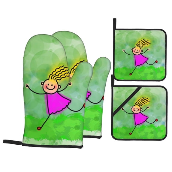 YFYANG Oven Mitts and Pot Holders Sets 4 Pieces, Non-Slip Heat Resistant Running Little Girl Kitchen Glove Pot Mat for Cooking and Baking
