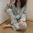 thumbnail image 1 of Pyjama style Coréen pour Femmes à Carreaux Mignon Printemps et Automne cardigan à Col Rabattu Manches Longues Tenue d'Intérieur, 1 of 5