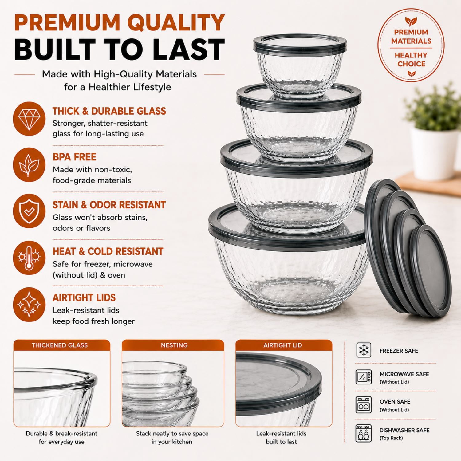 Sorbus 4-Piece Diamond Textured Glass Mixing Bowl Set with Lids, Assorted Sizes, BPA-Free