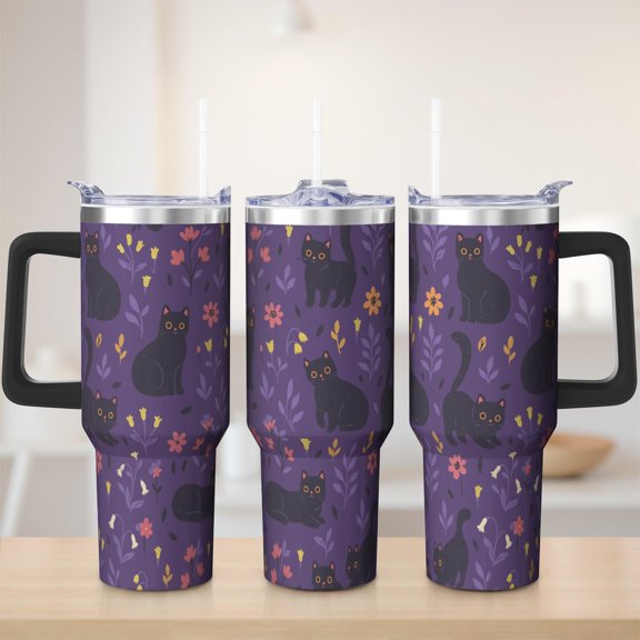 Cute cat tumbler 40 oz tumbler with handle and straw 304 stainless steel travel cup coffee mug water bottle suitable as a gifts for women gift for cat lovers