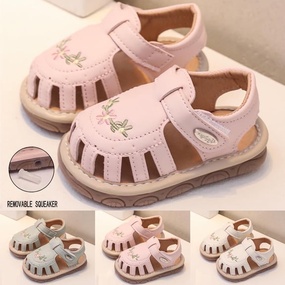 Einccm Baby Girls Floral Squeaky Sandals - Breathable Soft Sole First Walkers - Non-Slip Casual Outdoor Shoes for Infants and Toddlers (3-18M)